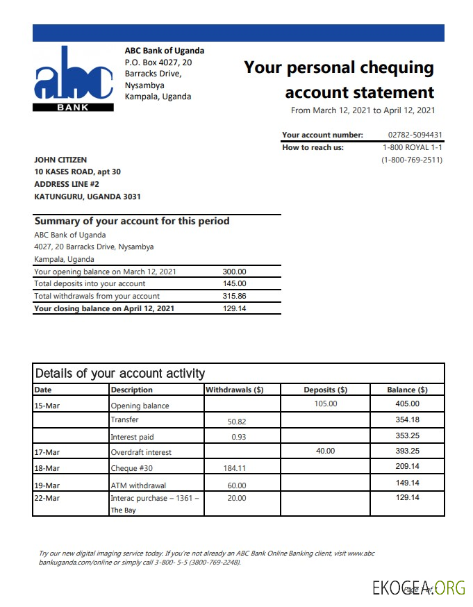 Ouganda ABC Bank of Uganda excel pdf